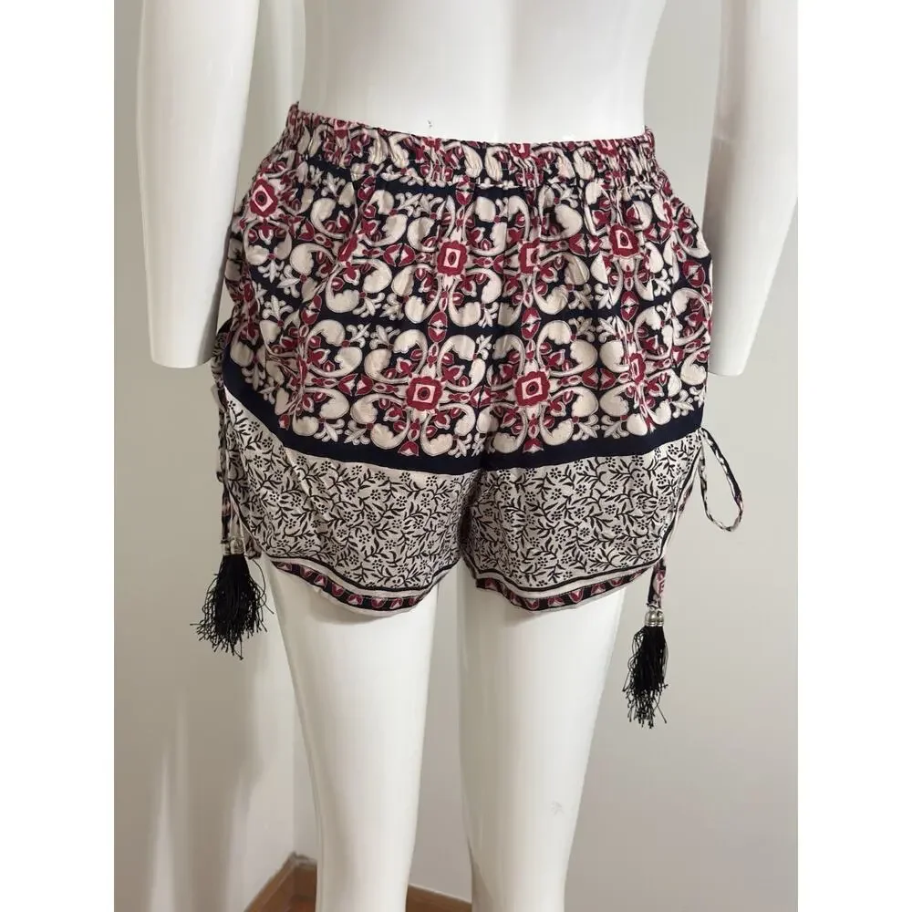 Angie Womens Boho Print Shorts Red Black White Tassel Side Tie Festival Size L - Picture 5 of 10